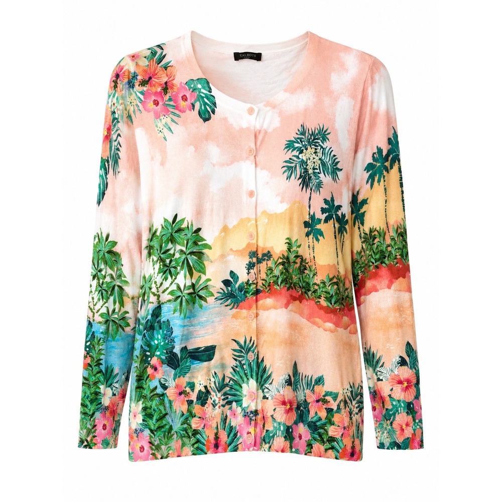 Talbots XL Tropical Scenic Cardigan Cotton Rayon Palm Tree Floral Coastal